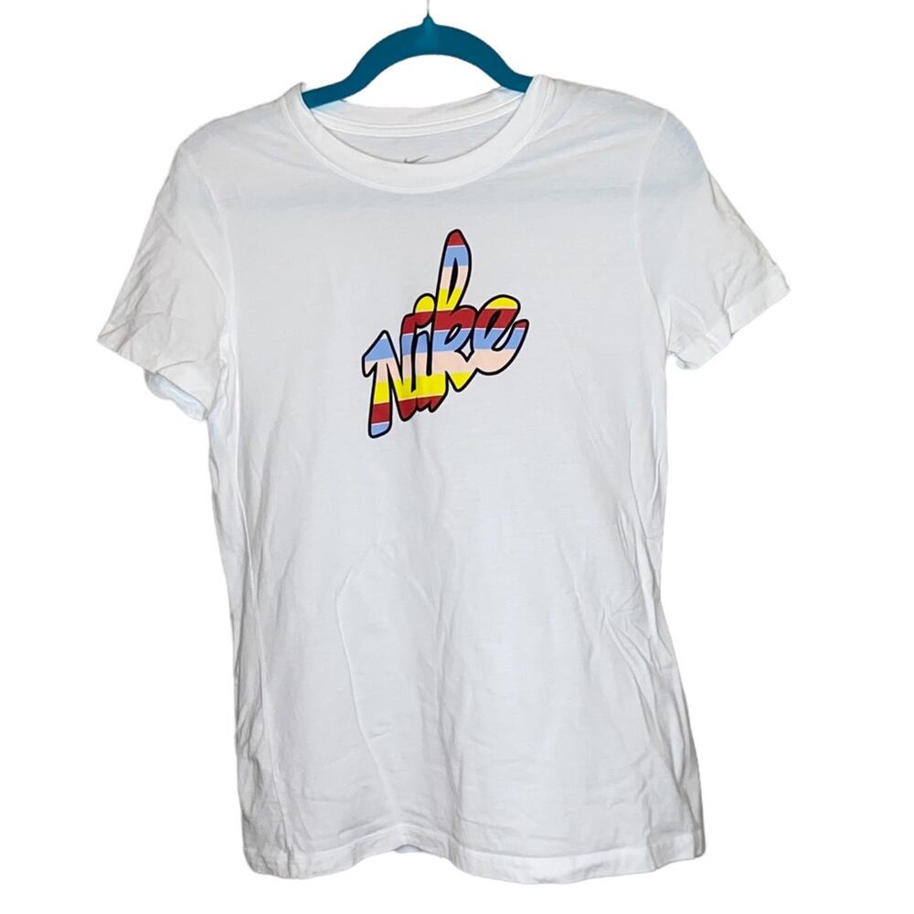 Nike Graphic Logo T Shirt White Multicolor Script Logo Size Small